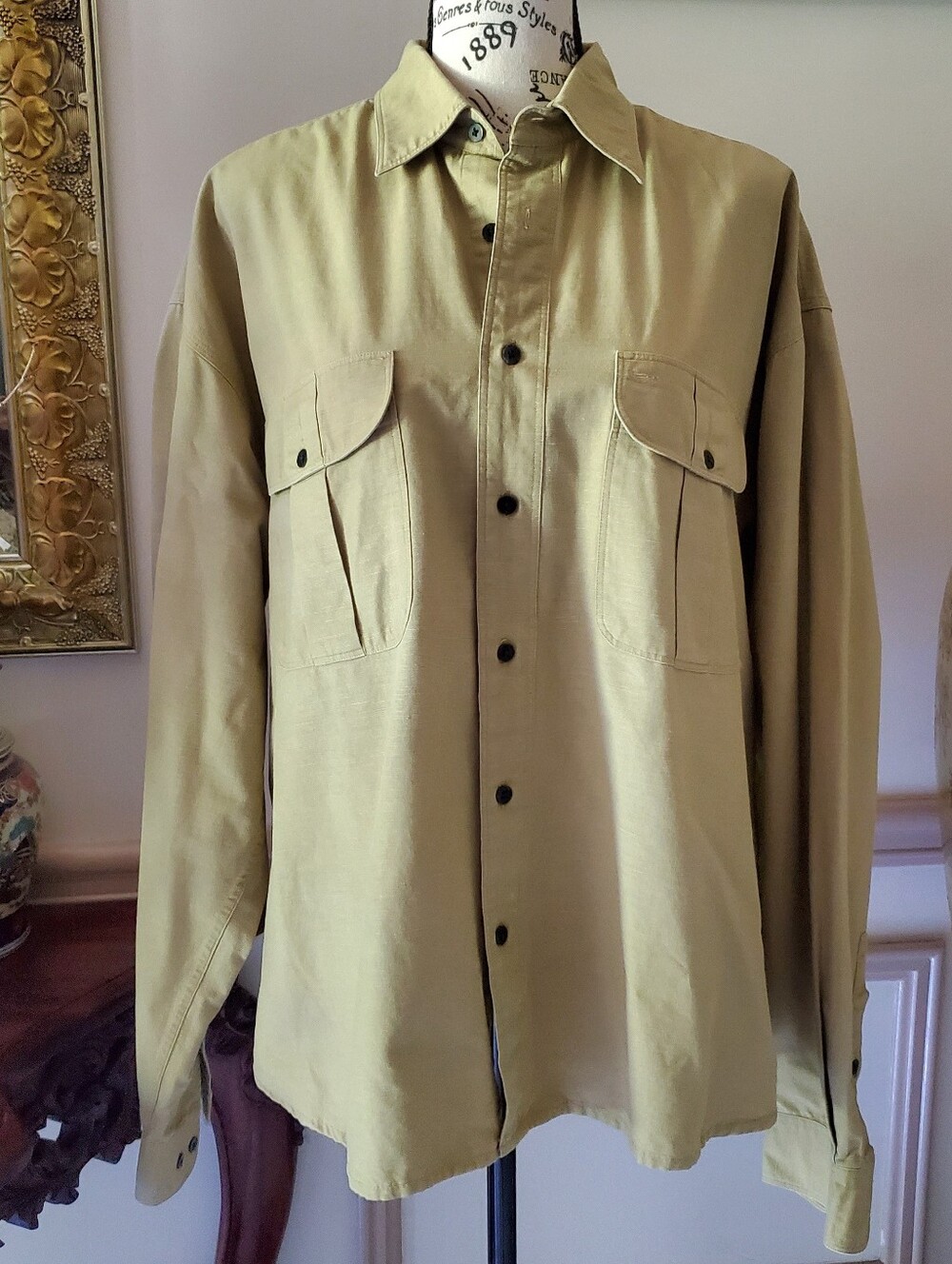 Vintage 100% Cotton Safari Utility Shirt Khaki Camel Tan